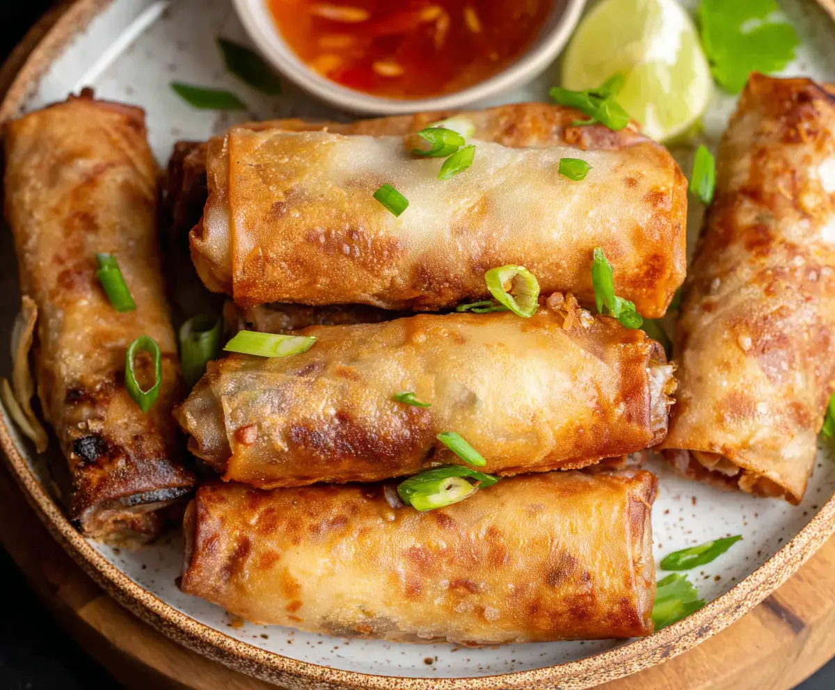 Crispy air fryer spring rolls on a white plate with fresh dipping sauce