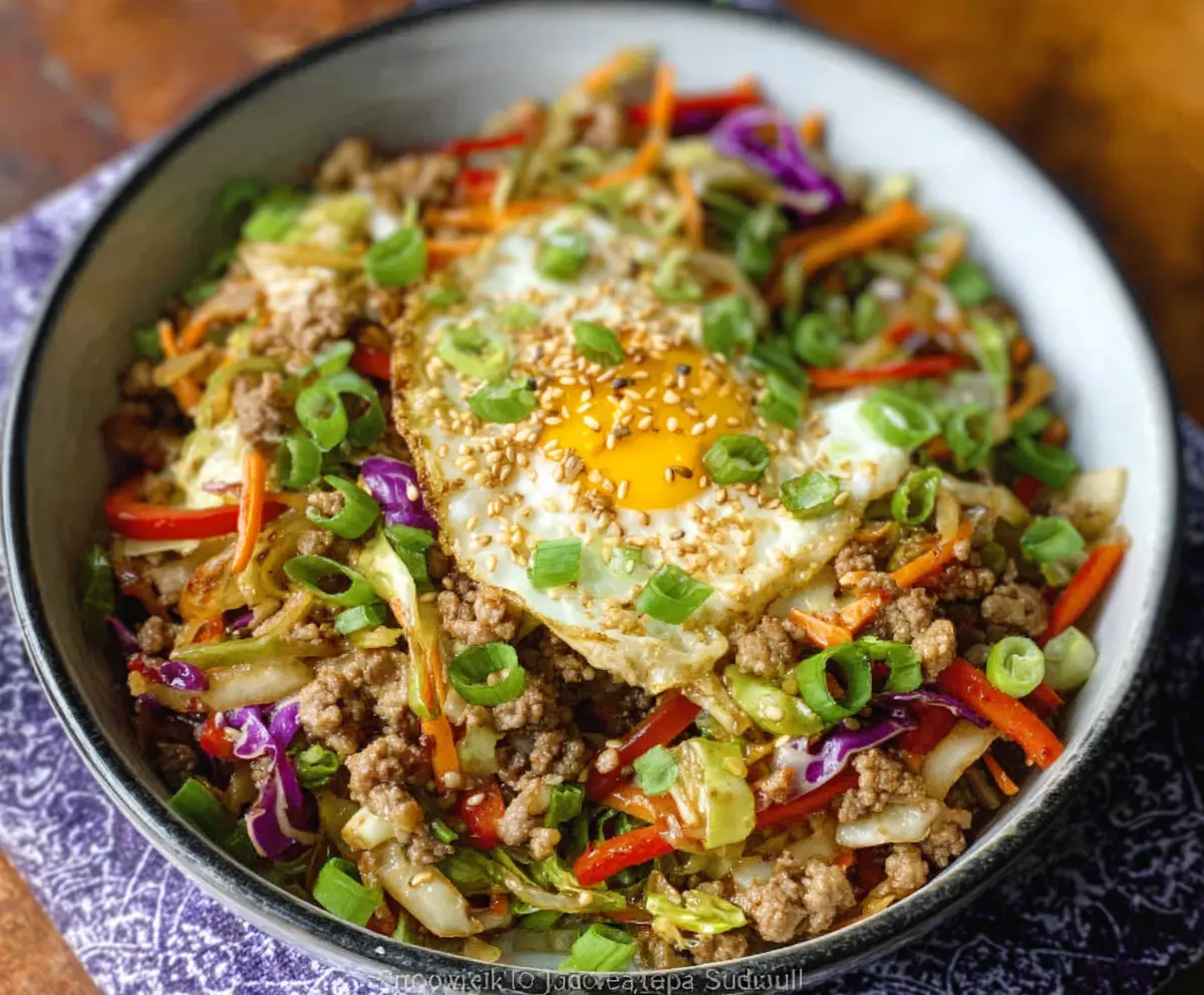Delicious Egg Roll in a Bowl with crispy vegetables and savory pork served in a bowl.