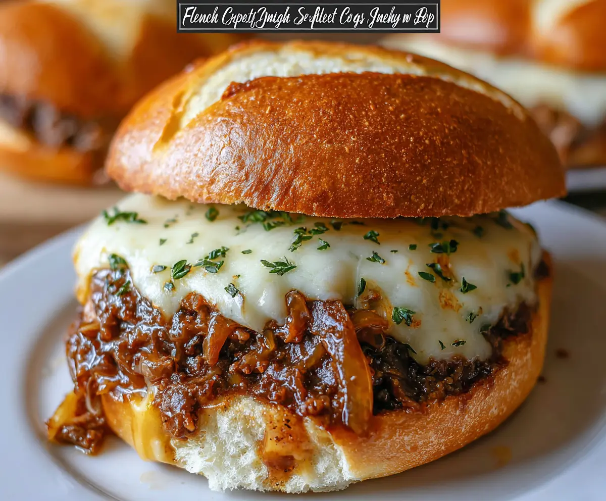 Delicious French Onion Beef Sloppy Joes topped with melted cheese served in a bun.