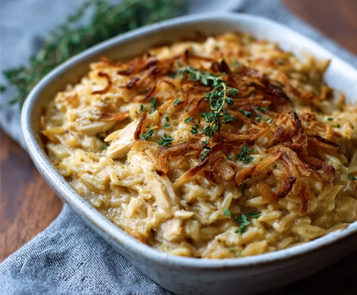 Easy French Onion Chicken Orzo Casserole