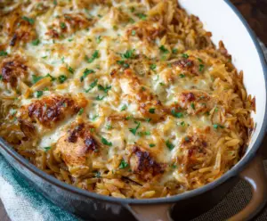 French Onion Chicken Orzo Casserole