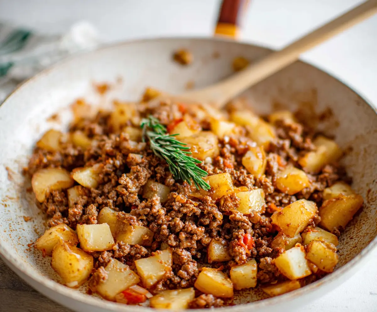Delicious ground beef and roasted potatoes served on a plate for a hearty meal