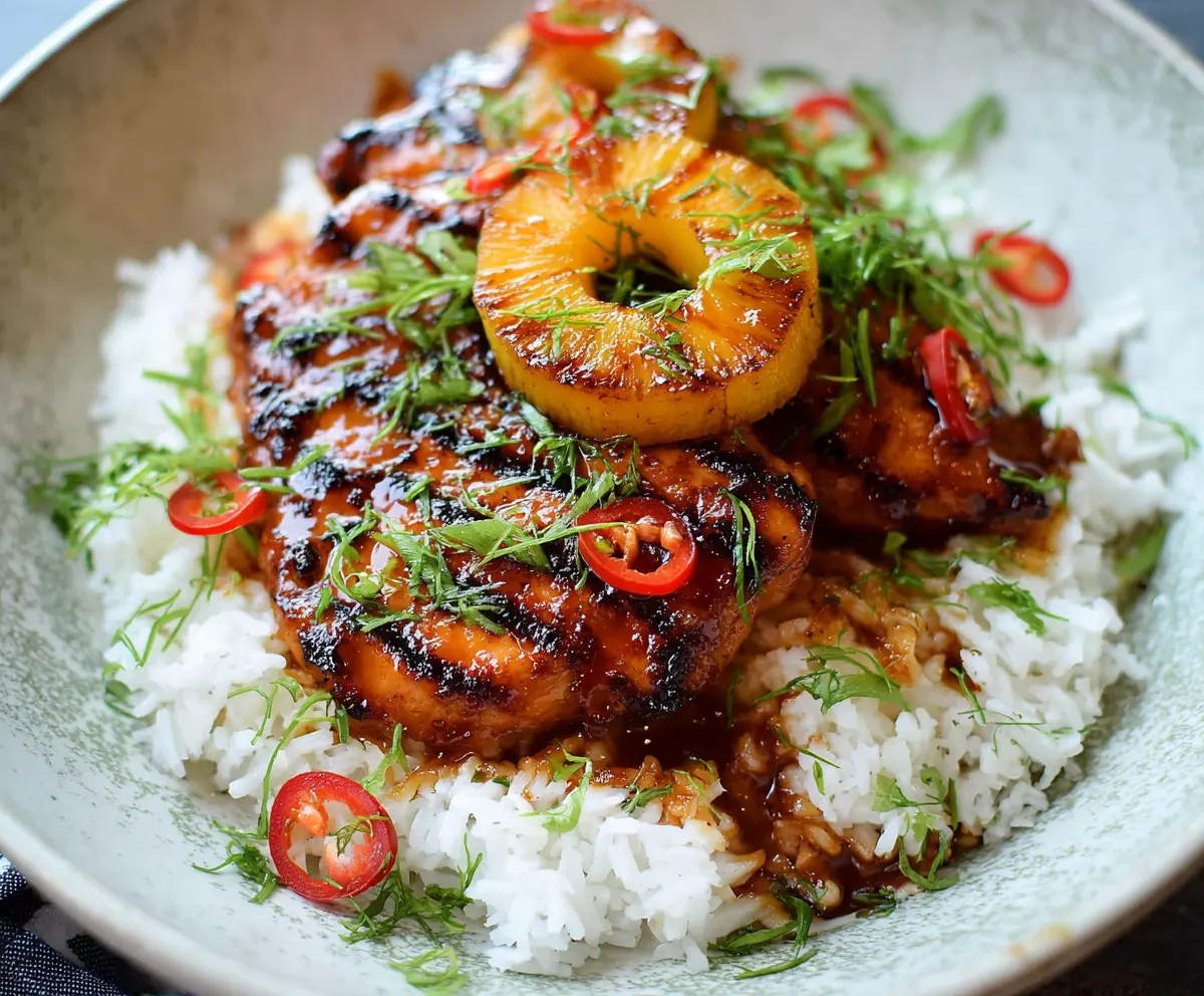 Delicious Hawaiian Chicken served with creamy coconut rice, garnished with fresh herbs.