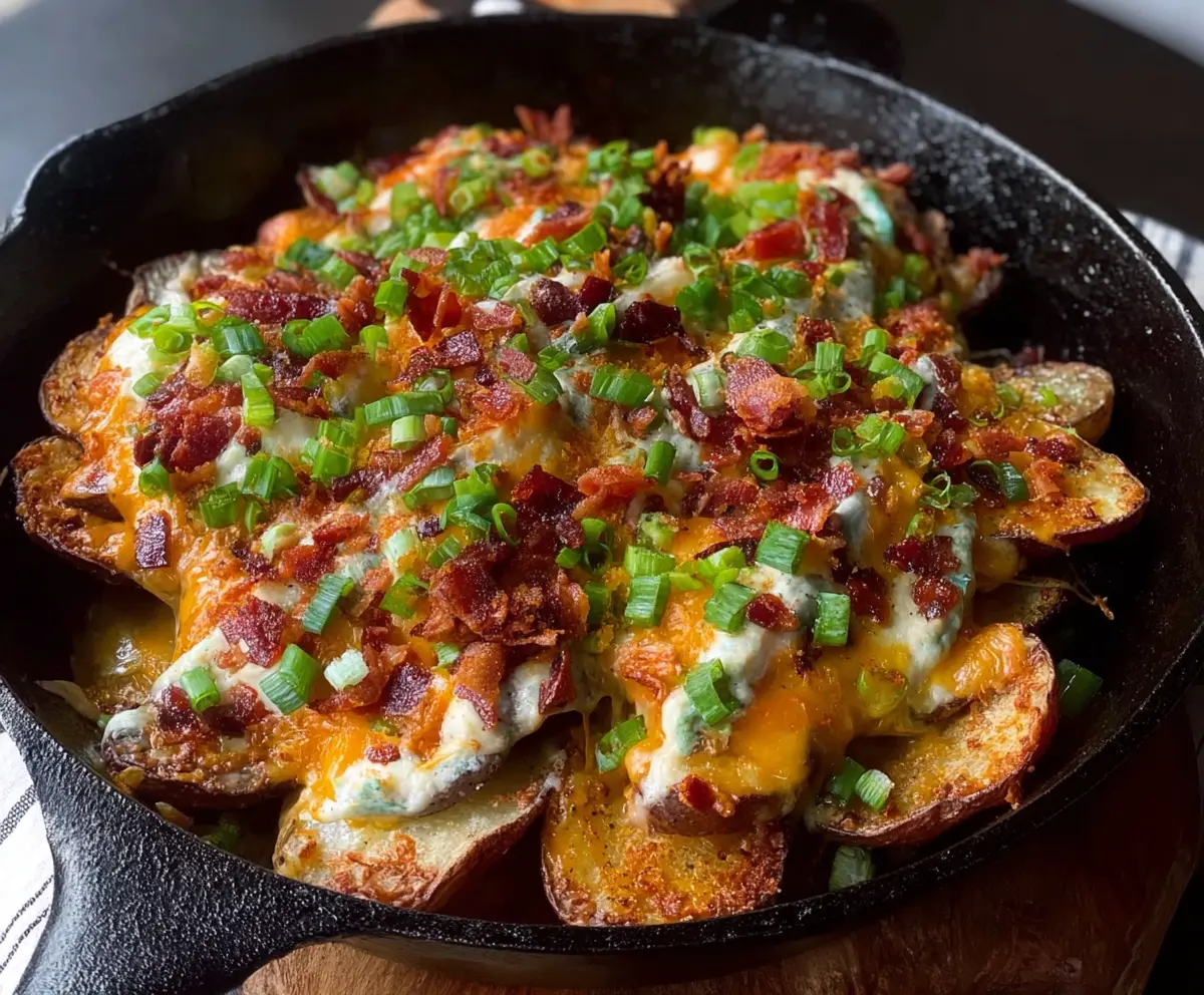 Delicious Irish Pub Potato Nachos topped with cheese, bacon, and green onions on a rustic platter.