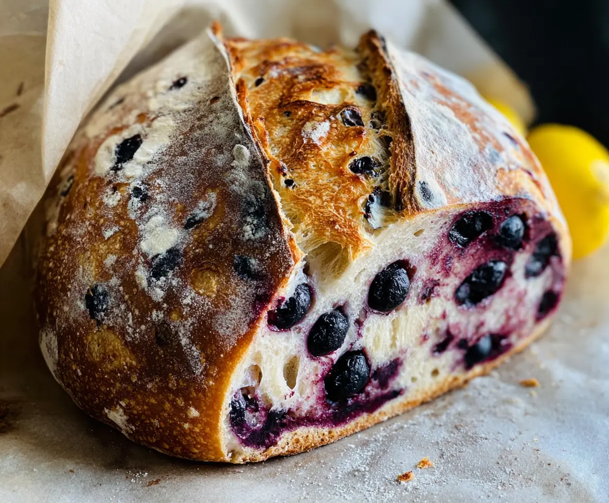 Fresh Lemon Blueberry Sourdough Bread on a wooden board with blueberries and lemon slices