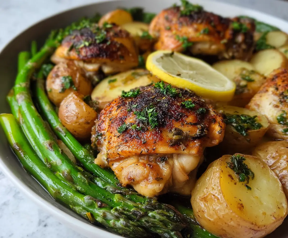 Delicious Lemon Herb Chicken Thighs served with fresh asparagus and roasted baby potatoes on a white plate.