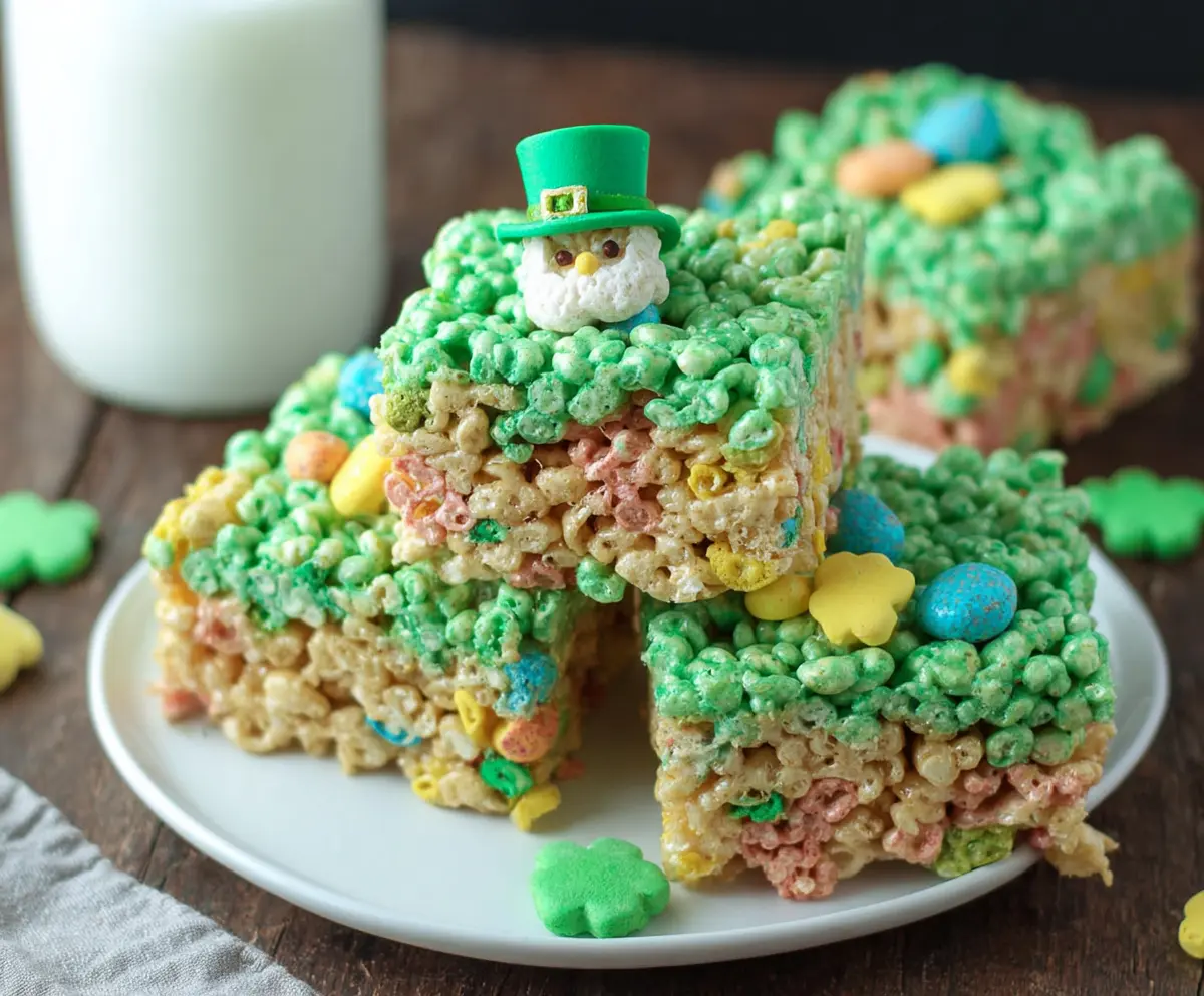 Green themed Lucky Leprechaun Rice Krispie Treats for St. Patrick's Day celebration.