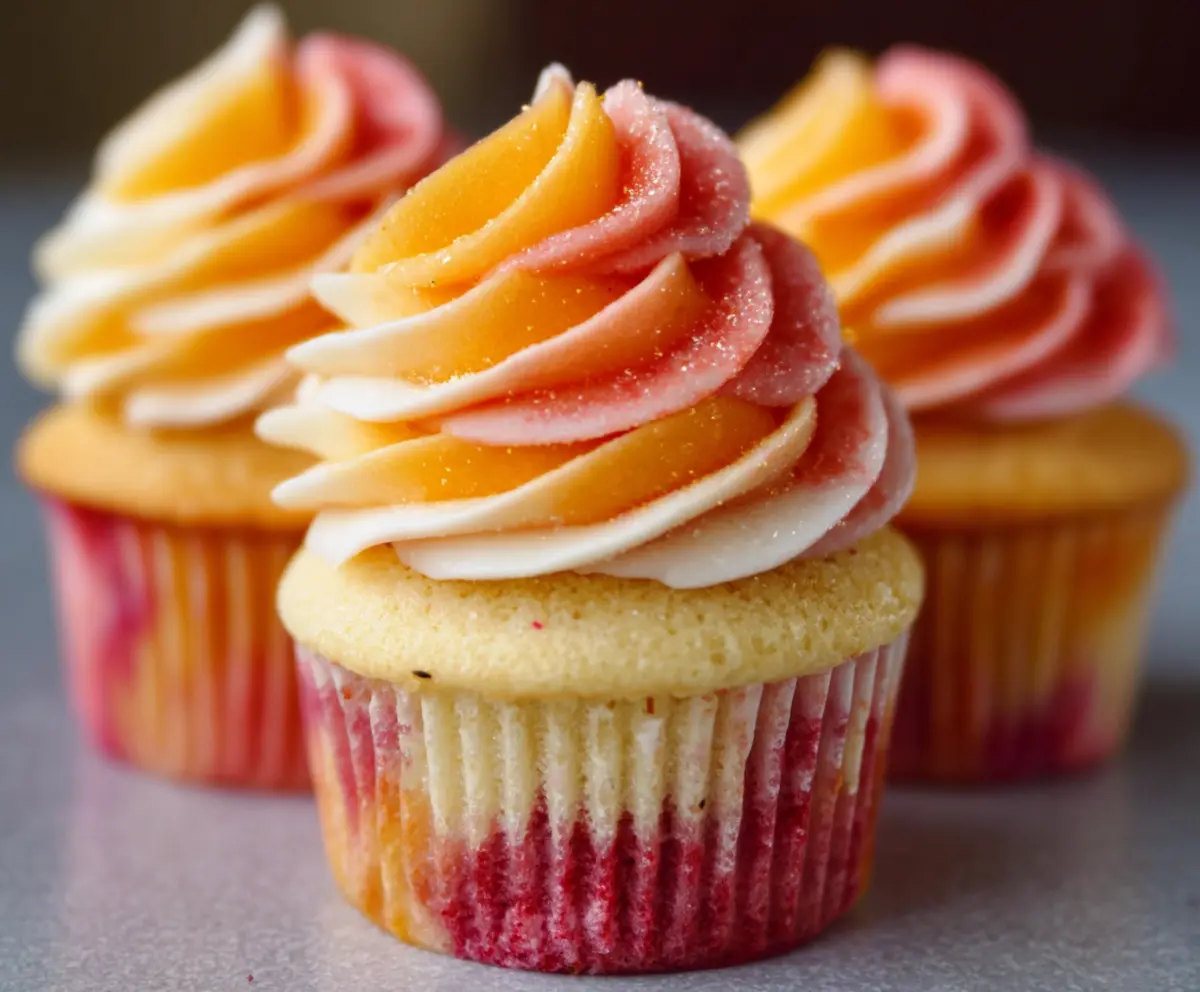 Delicious Mango Strawberry Sunset Cupcakes with vibrant orange and red frosting garnished with fresh fruit