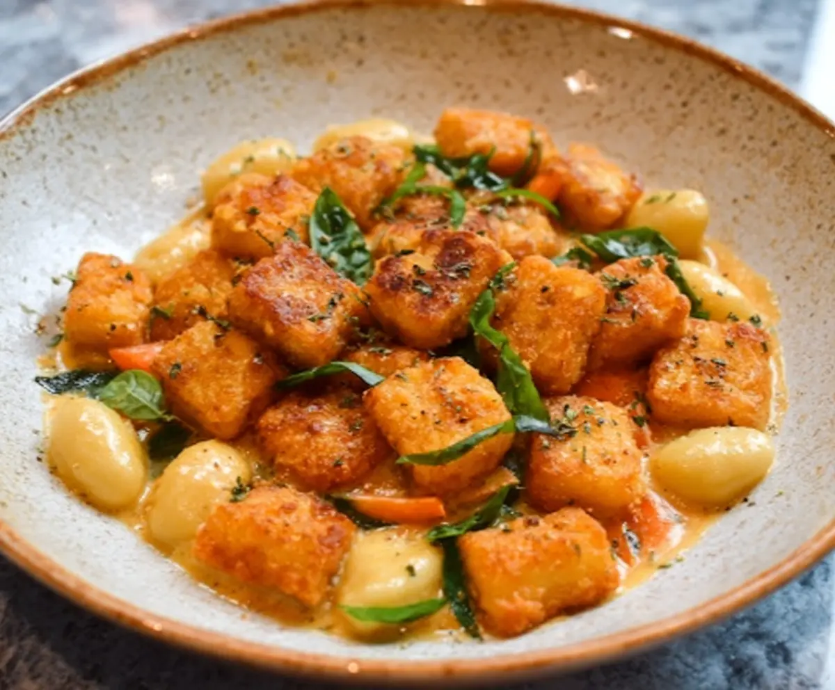 Delicious crispy tofu served with tender gnocchi on a plate, perfect for a vegetarian main course.