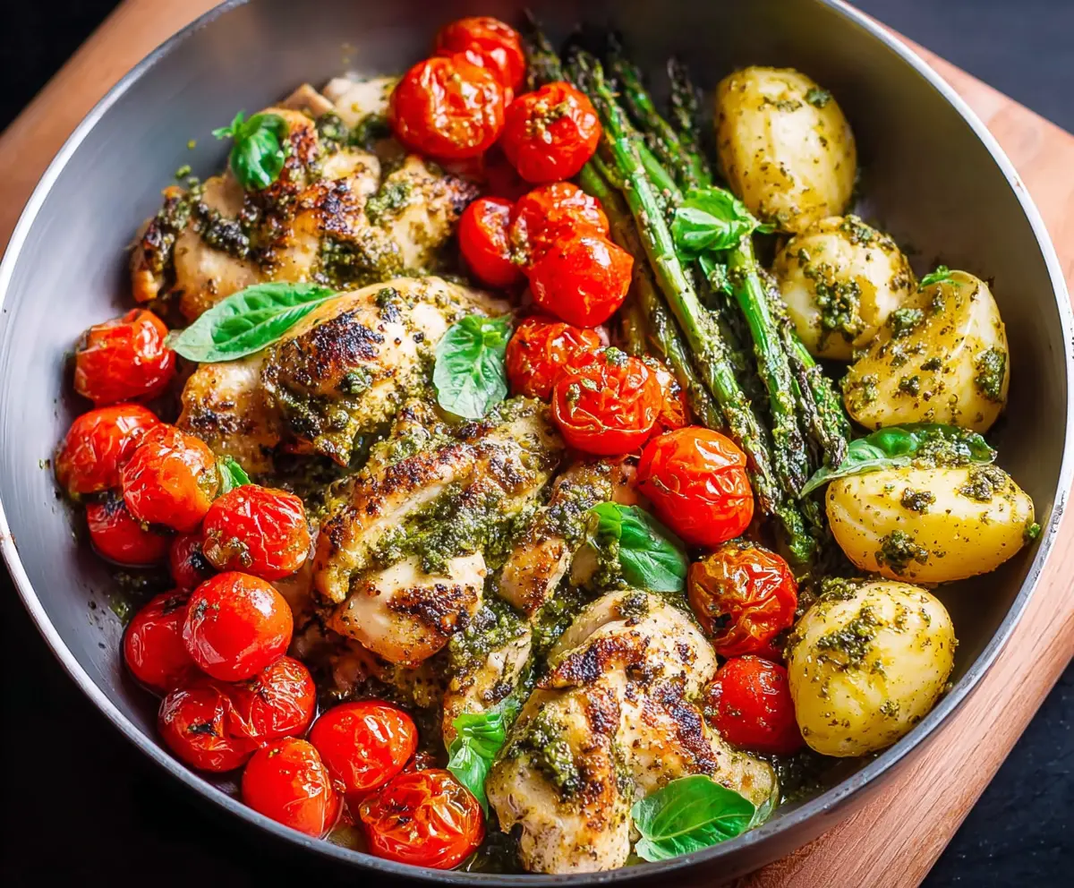 Delicious One-Pan Pesto Chicken served with fresh herbs and vegetables