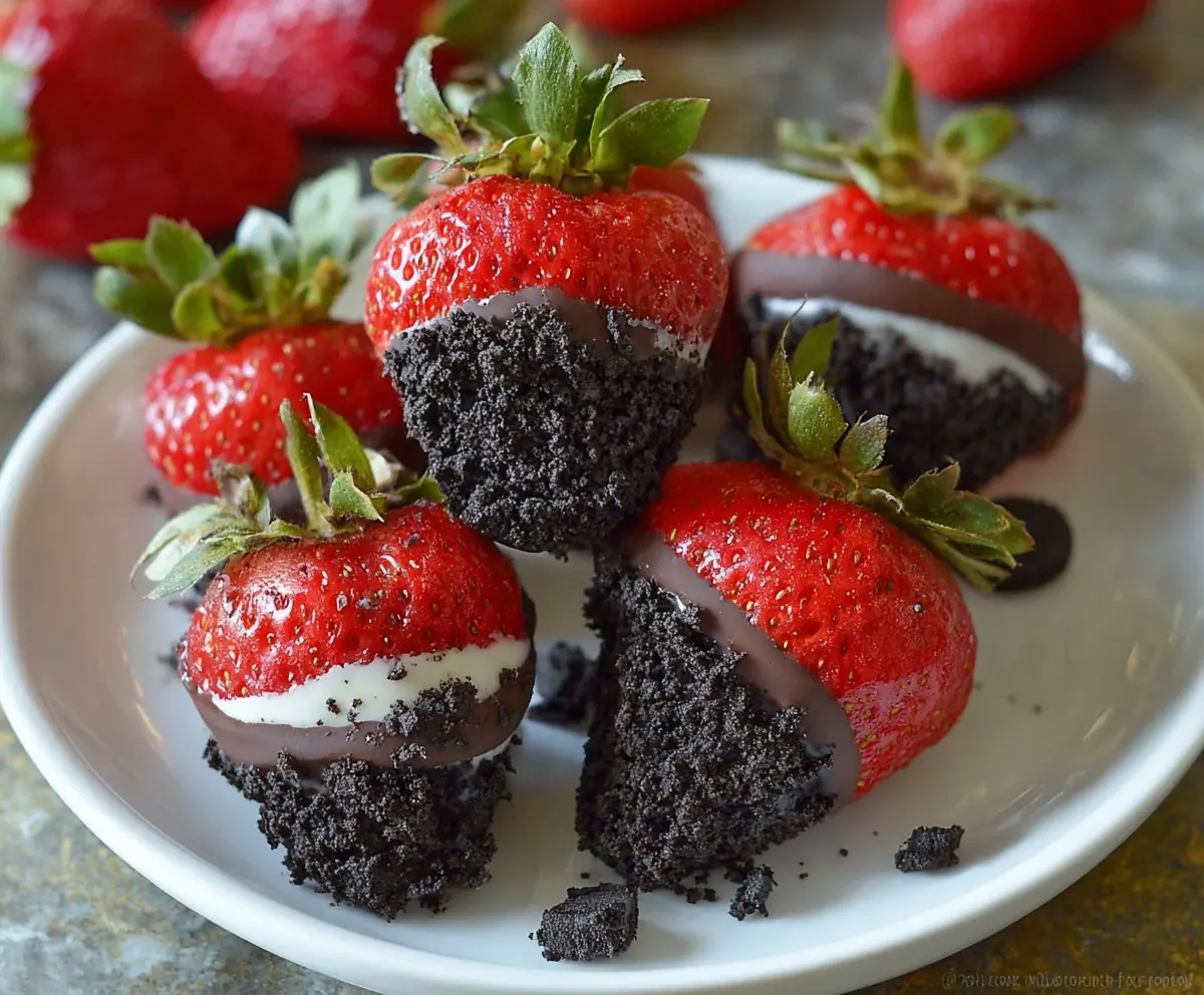 Delicious Oreo truffle-stuffed strawberries garnished with chocolate and fresh strawberries.