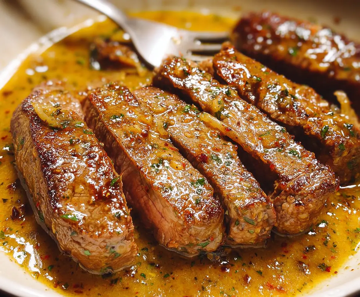 Juicy pan-seared steak topped with rich butter sauce served on a elegant plate.