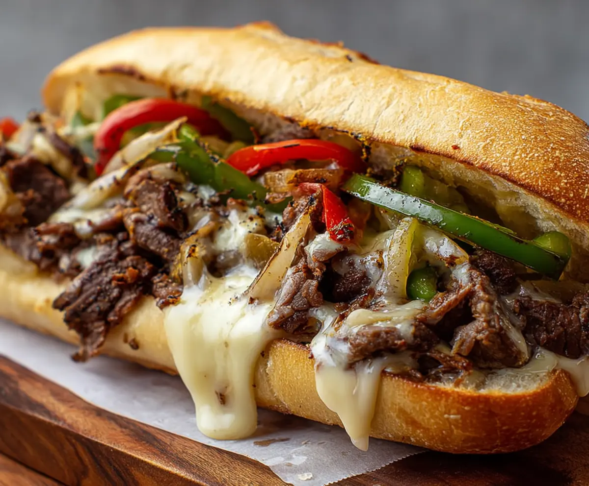 Delicious Philly Cheesesteak sandwich with melted cheese, thinly sliced beef, and fresh hoagie bun.