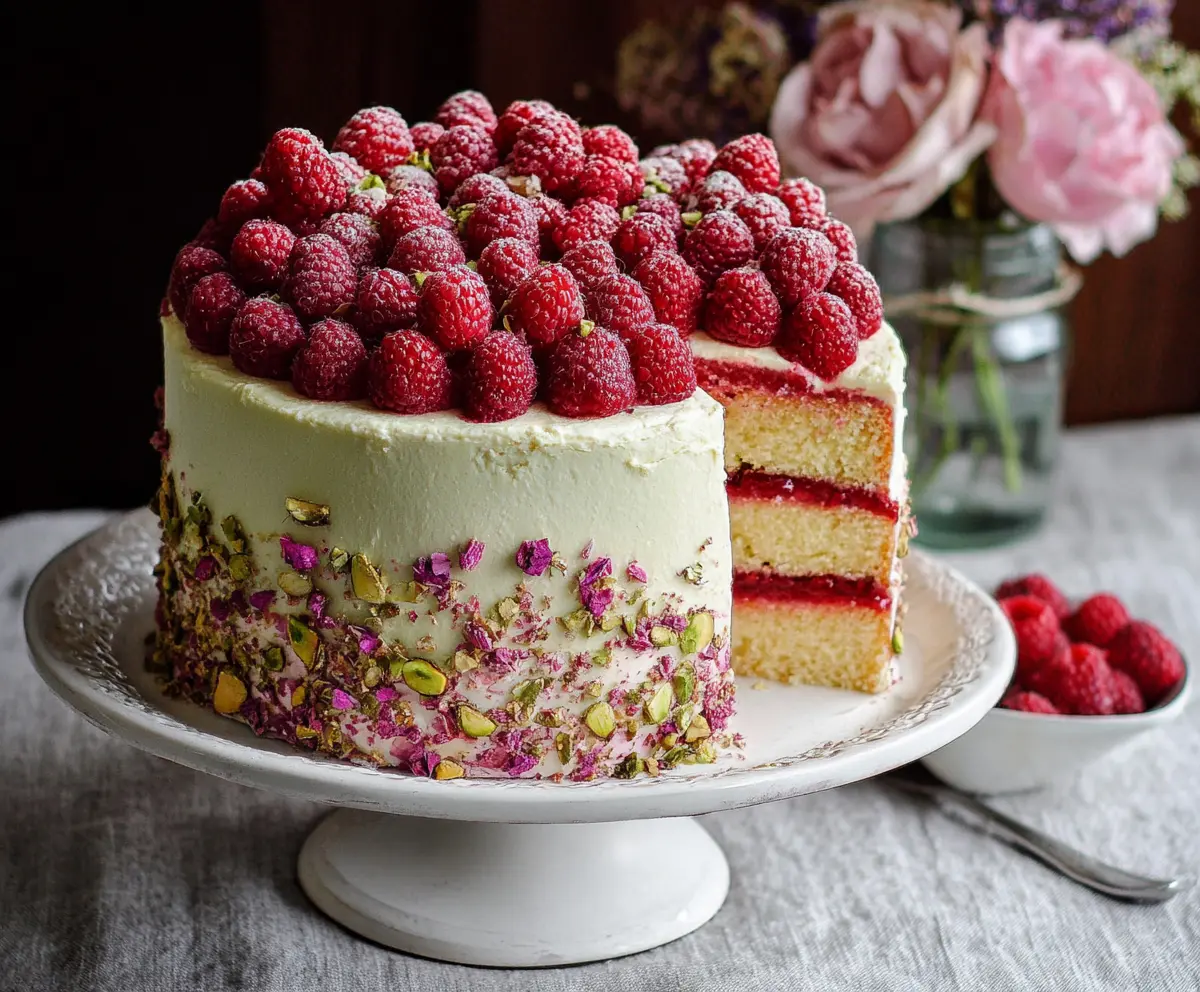 Delicious raspberry cake with fresh berries and layered sponge, perfect for a fruity dessert.