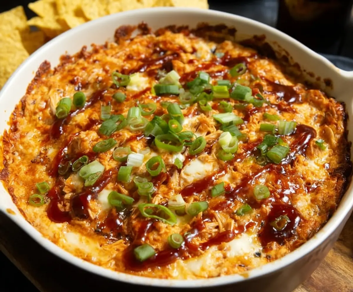 Delicious smoky BBQ chicken dip served in a bowl with crispy chips on the side.