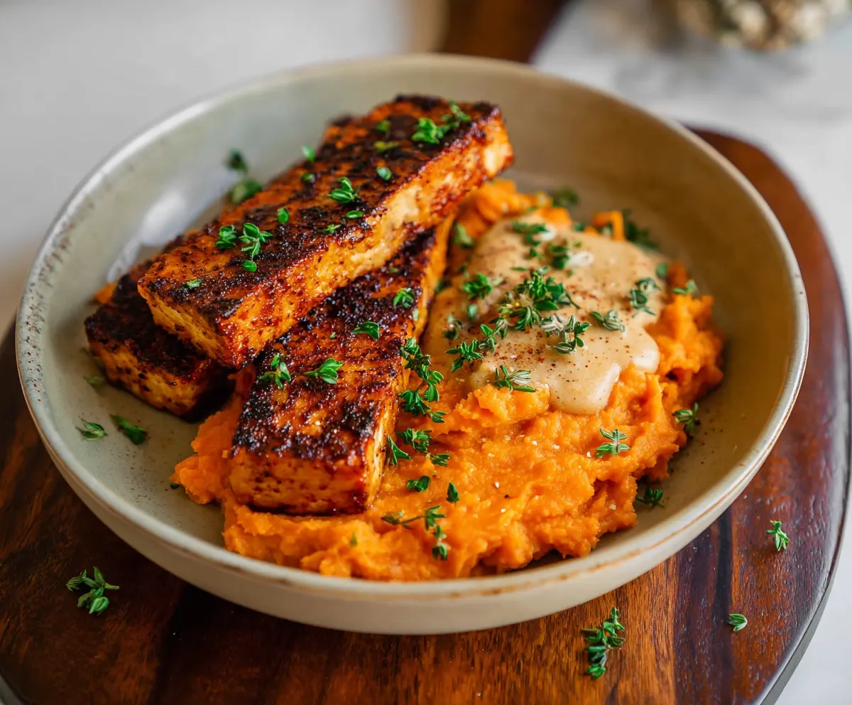 Smoky Tofu Steak with Sweet Potato Mash
