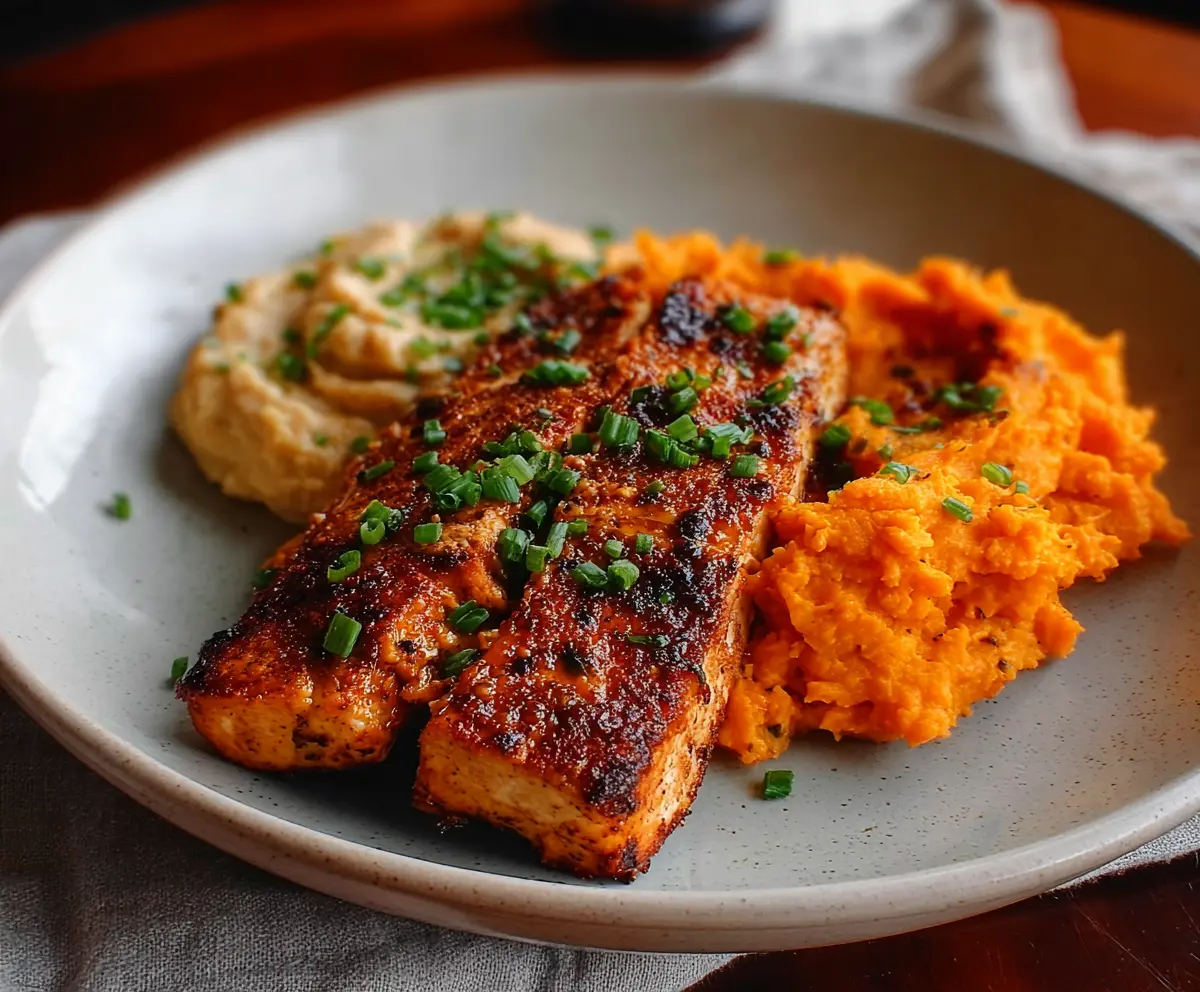 Delicious smoky tofu steak served with creamy mashed sweet potatoes, perfect for a healthy vegan dinner.