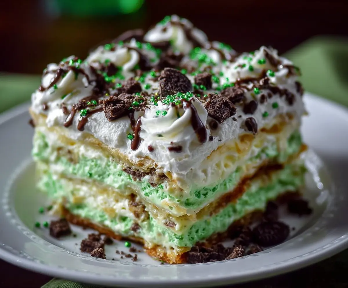 Delicious St. Patrick's Day Shamrock Lasagna Dessert with vibrant green layers and festive decoration.