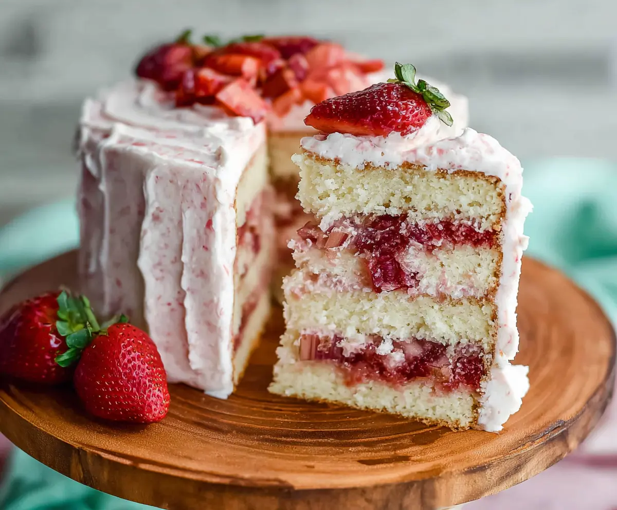 Delicious Strawberry Rhubarb Layer Cake with fresh strawberries and tangy rhubarb frosting.