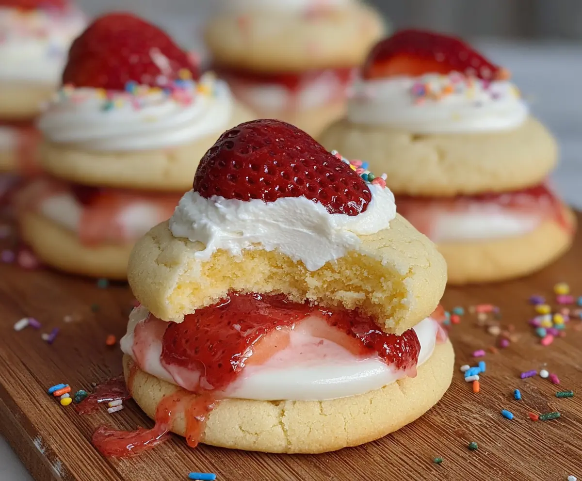 Delicious strawberry shortcake cookies with fresh strawberries and fluffy whipped cream on top.
