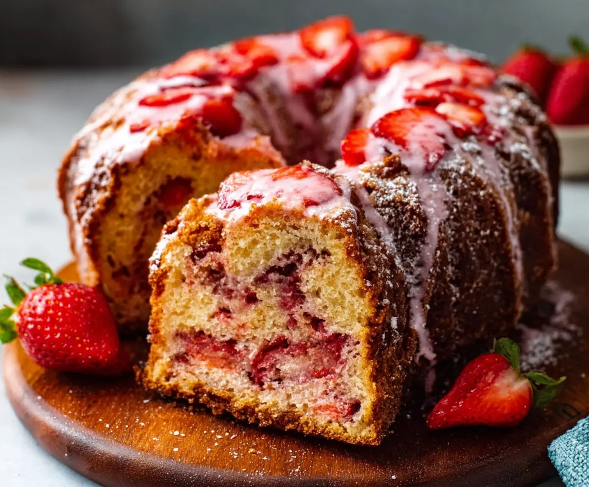 Delicious homemade sweet strawberry pound cake with fresh strawberries on top