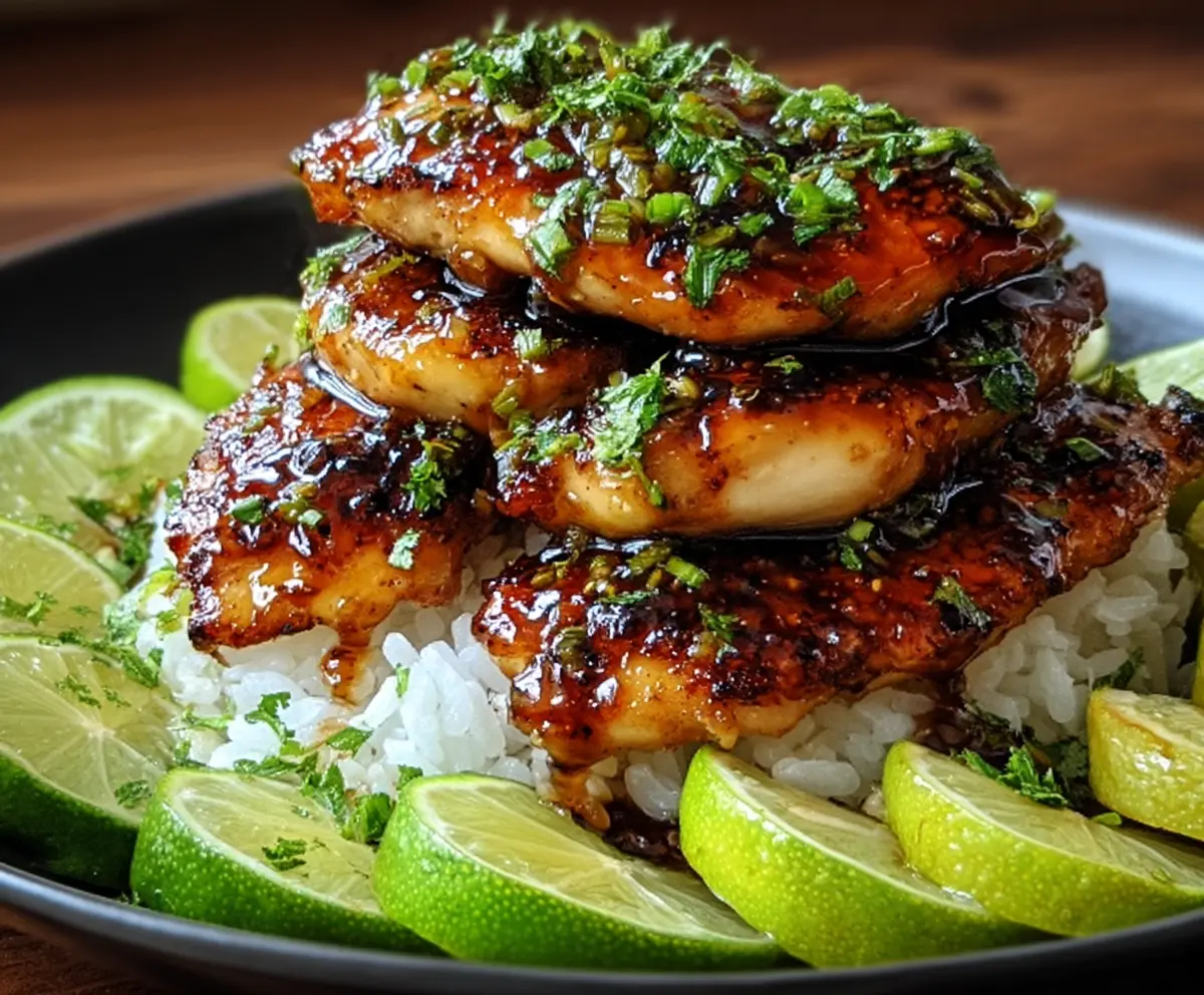 Juicy honey lime chicken breast coated in tangy citrus glaze on a serving plate