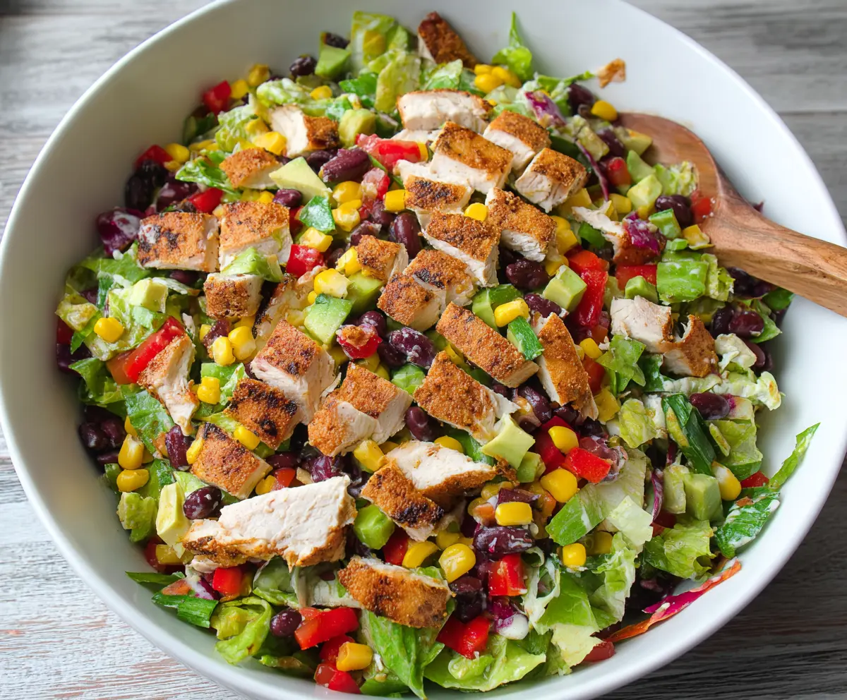 Colorful Tex-Mex chopped chicken salad with fresh vegetables and vibrant herbs on a white plate.