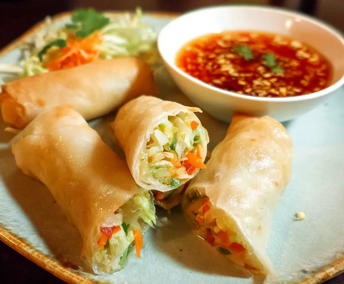 Fresh Thai spring rolls filled with shrimp, vegetables, and herbs, served with a dipping sauce.