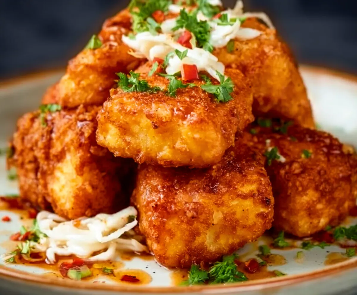 Crispy tofu fried chicken served with fresh herbs and dipping sauce