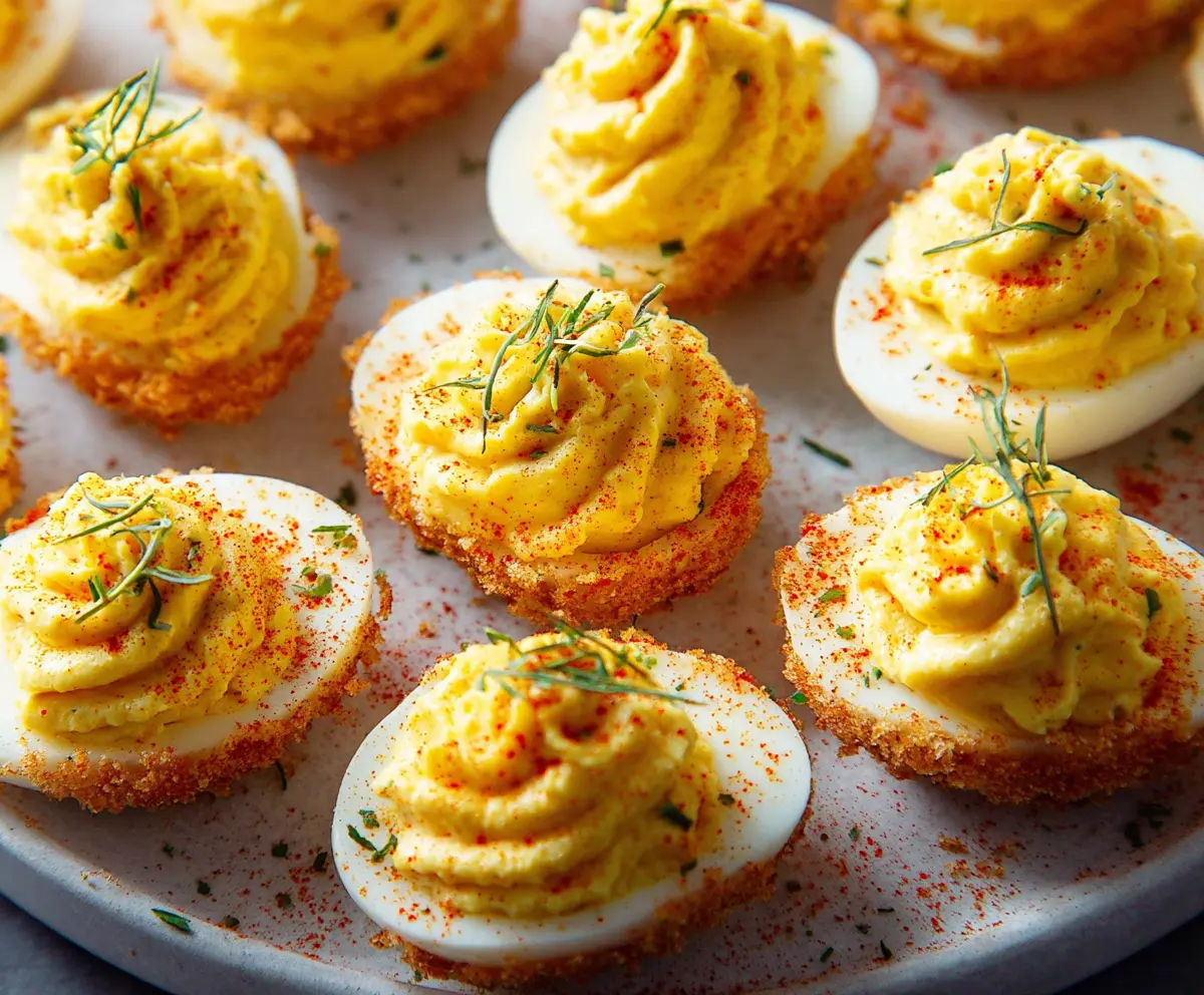 Creamy Air Fryer Deviled Eggs featuring smooth filling and garnished with paprika on a white plate.