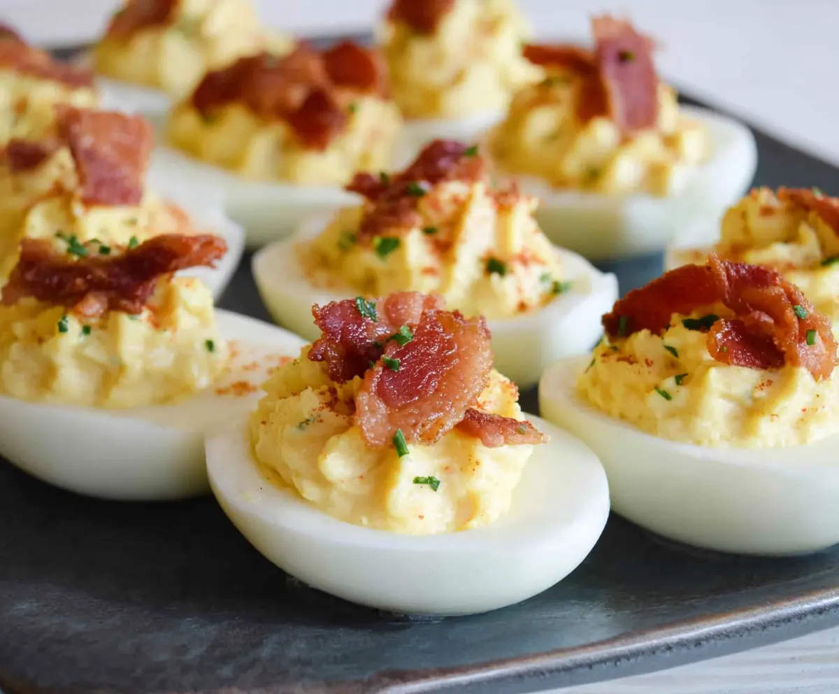 Creamy bacon ranch deviled eggs garnished with chopped bacon and fresh herbs