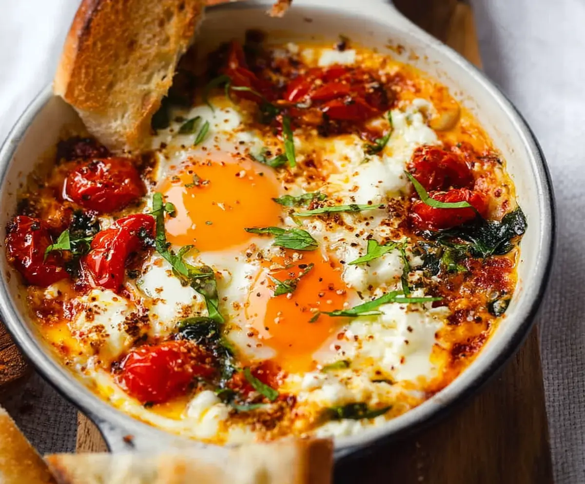 Delicious baked feta eggs served in a white bowl with fresh herbs and toasted bread