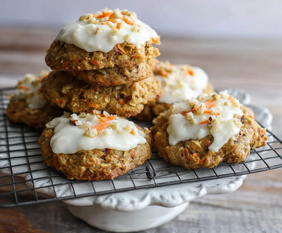 Delicious homemade carrot cake cookies with cream cheese frosting and grated carrots.