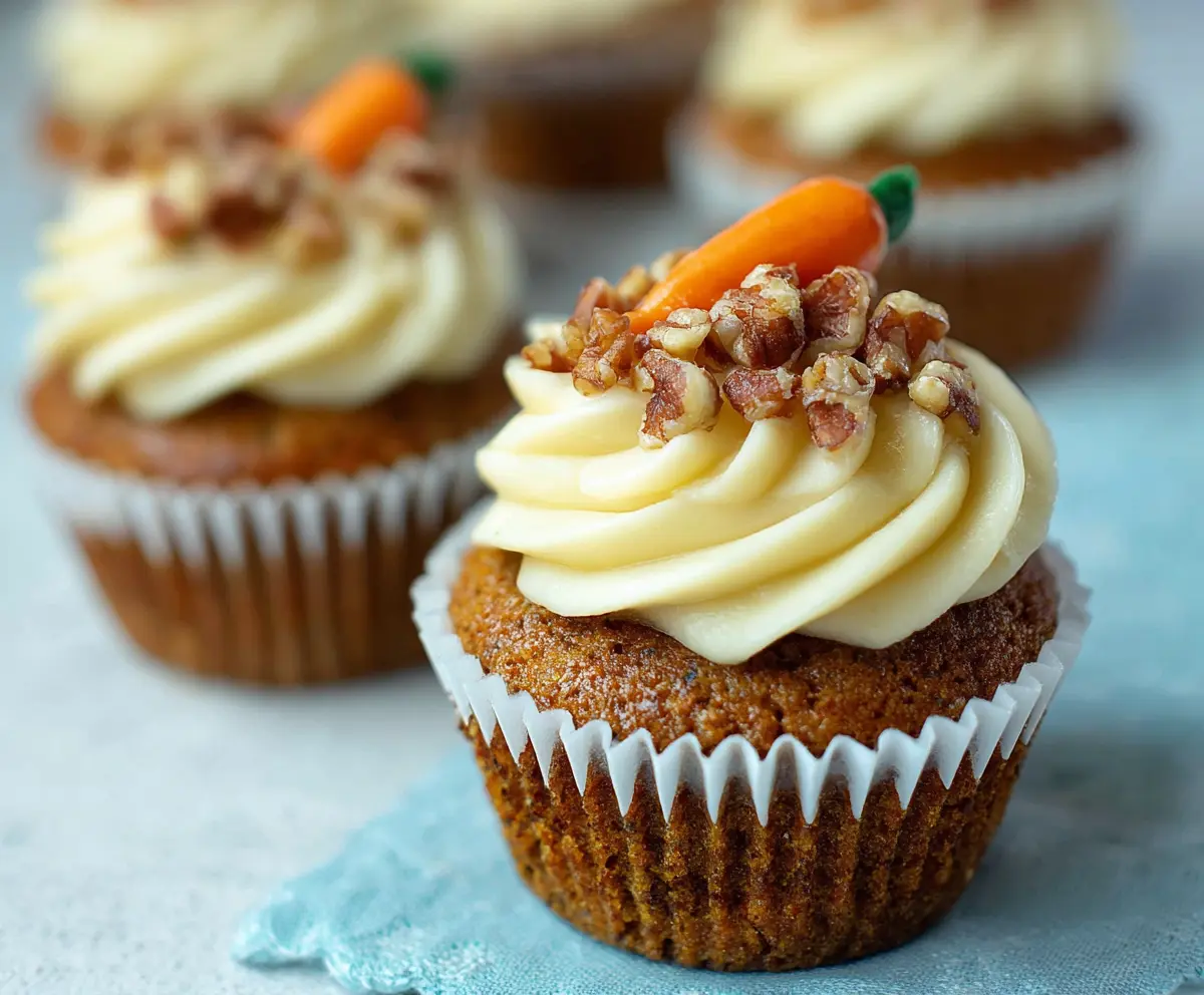 Delicious homemade carrot cake cupcakes topped with cream cheese frosting and shredded carrots.