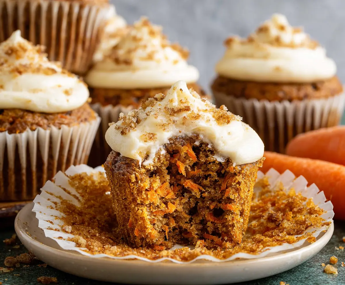 Delicious homemade carrot cake muffins with cream cheese frosting on a rustic plate.