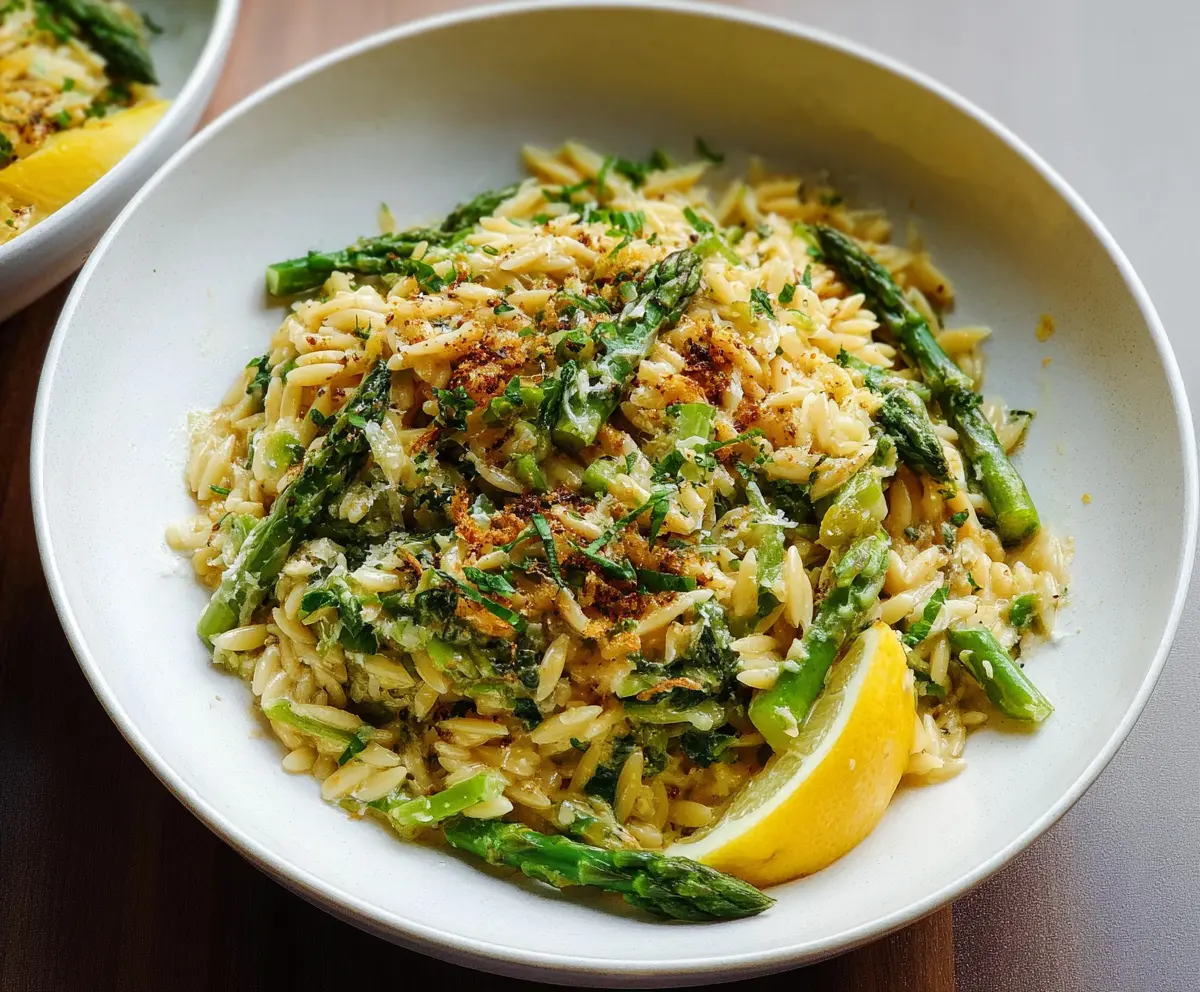Creamy Lemon Garlic Orzo with Fresh Asparagus on a Plate, Delicious and Brightly Colored Vegetarian Dish