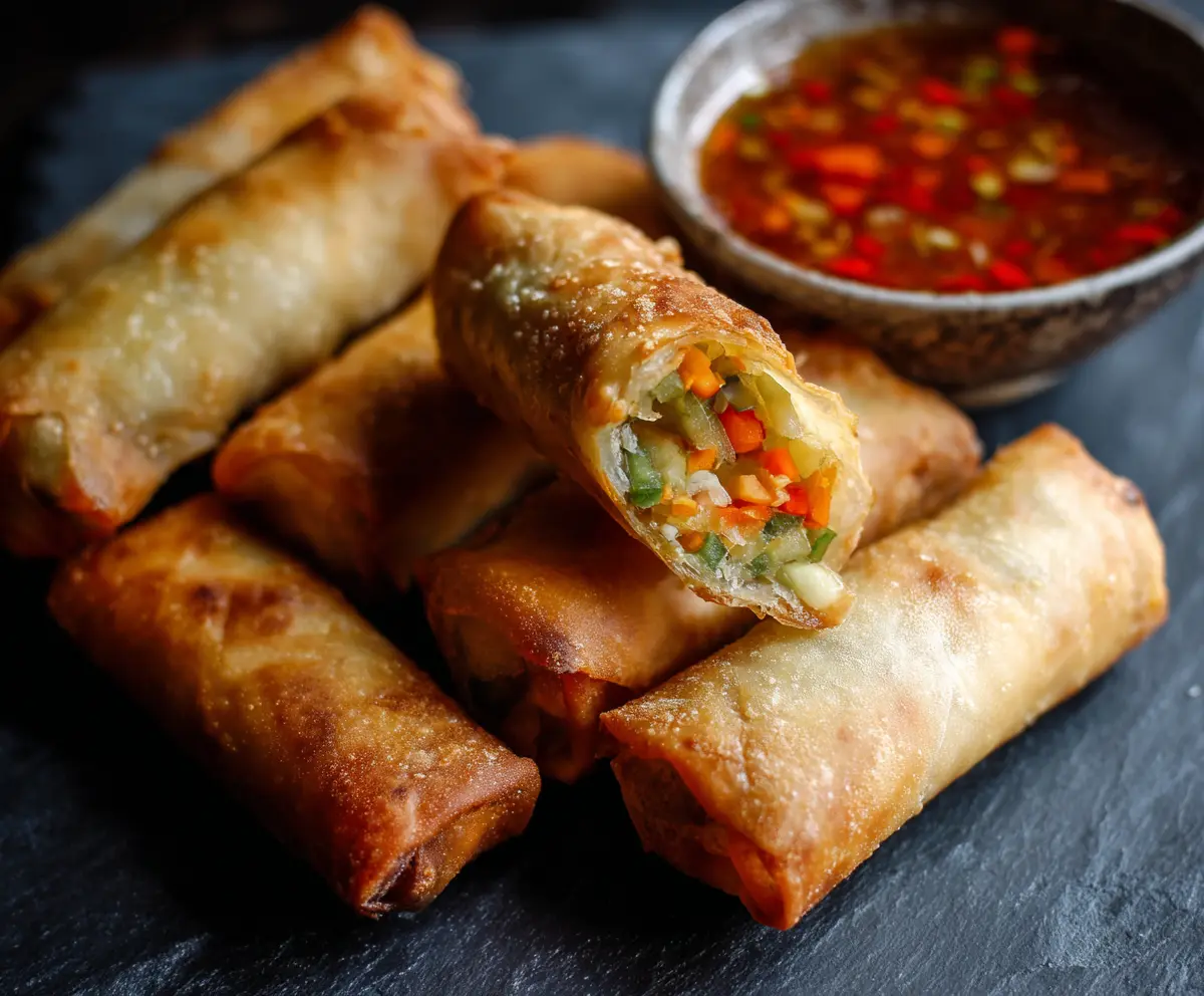 Crispy baked vegetable spring rolls on a plate, served with dipping sauce, healthy vegan appetizer