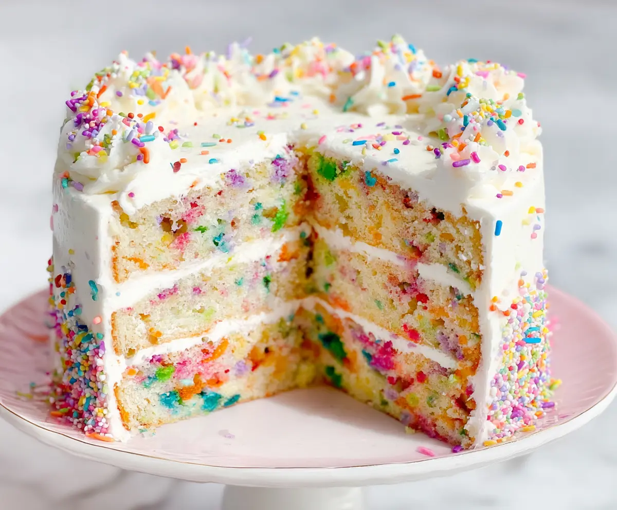 Colorful Funfetti Sprinkle Birthday Cake with bright rainbow sprinkles and creamy frosting