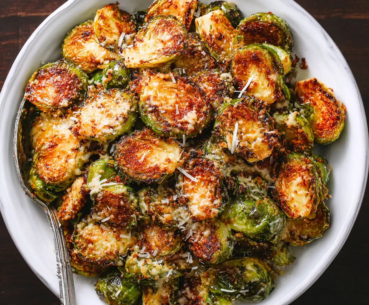 Golden roasted Brussels sprouts coated with garlic and parmesan cheese on a white plate