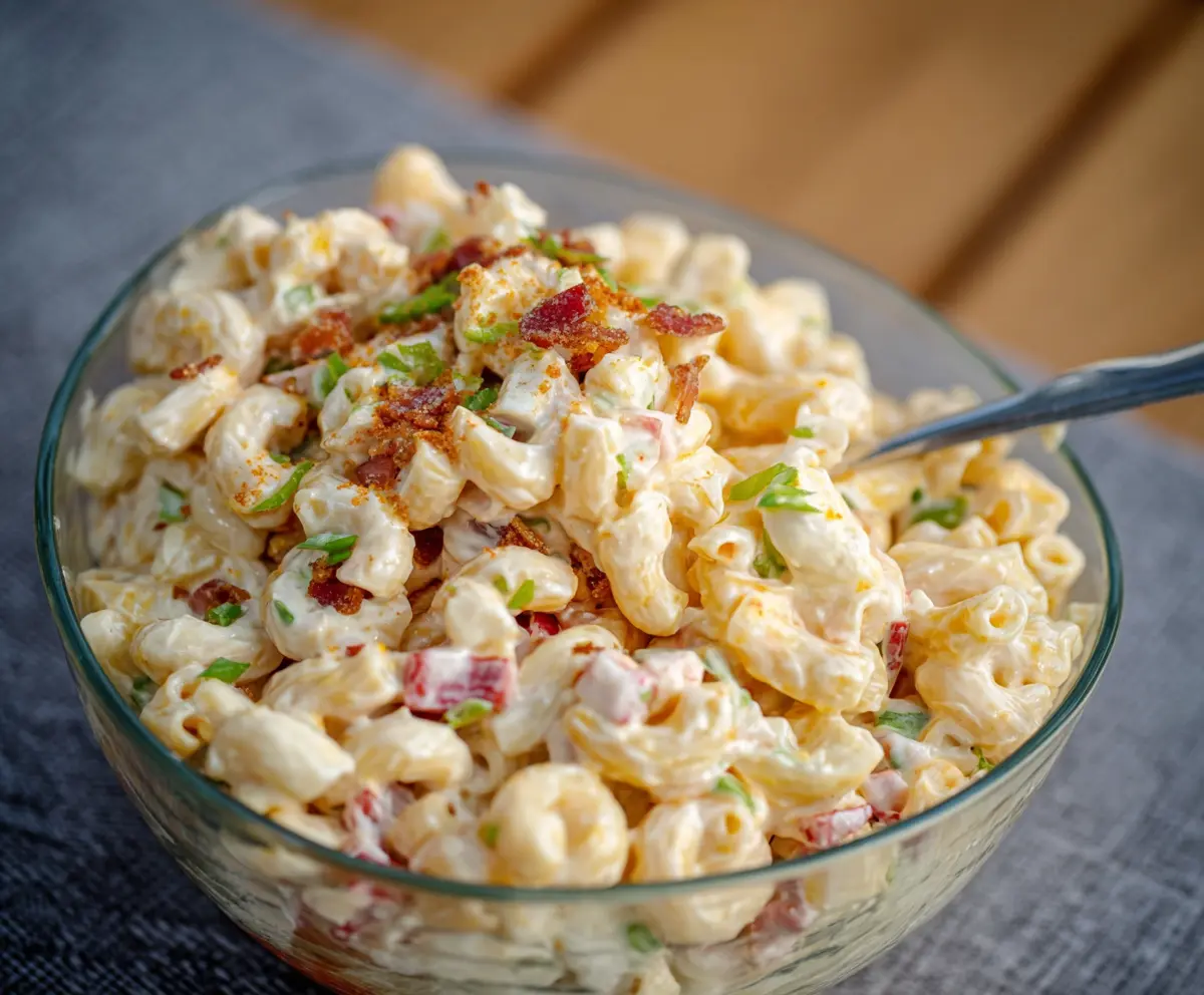 Delicious Guy Fieri's Famous Mac Salad with creamy pasta and colorful ingredients.