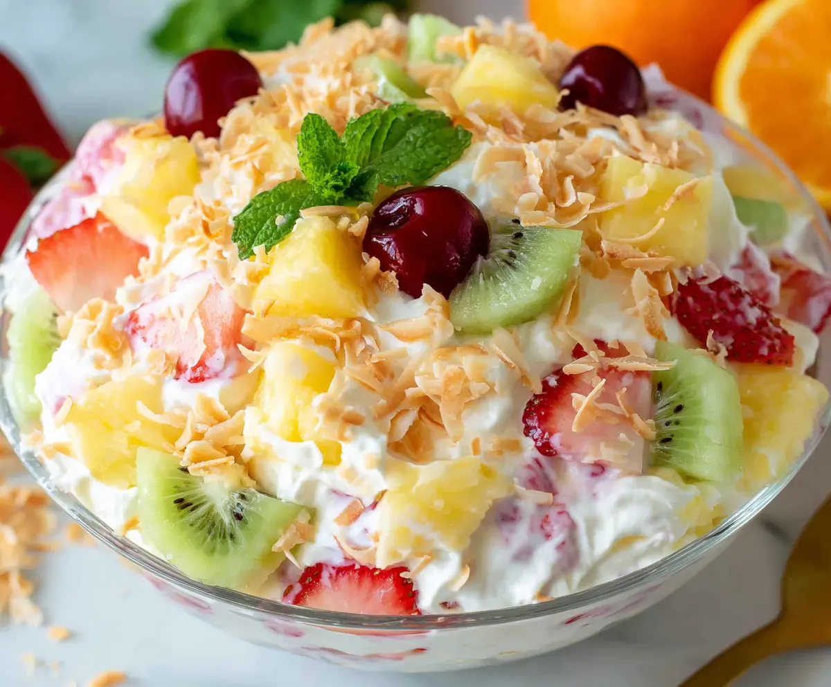 Fresh Hawaiian Cheesecake Salad with tropical fruits and creamy topping on a white plate