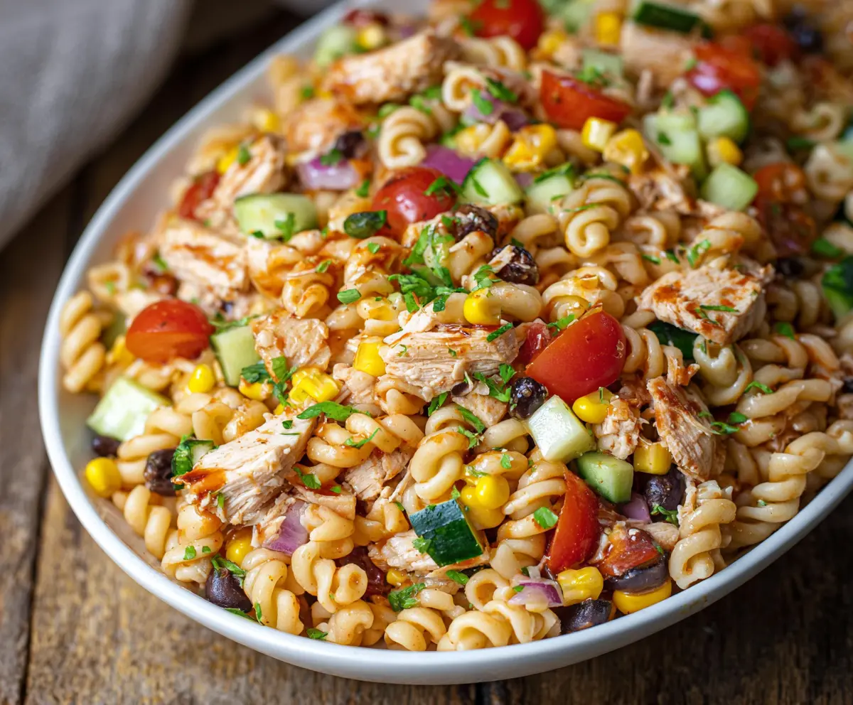 High protein BBQ chicken pasta salad in a bowl with fresh vegetables and herbs