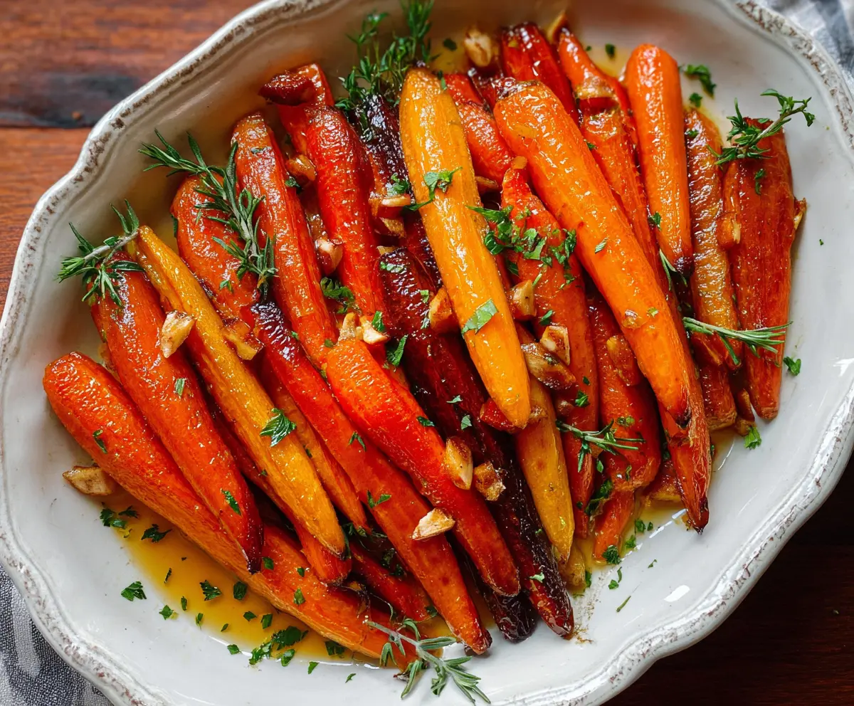 Delicious honey-glazed roasted carrots served on a plate, garnished with fresh herbs.