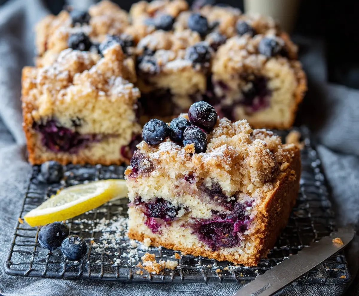 Delicious Lemon Blueberry Sourdough Coffee Cake topped with fresh blueberries and lemon zest.