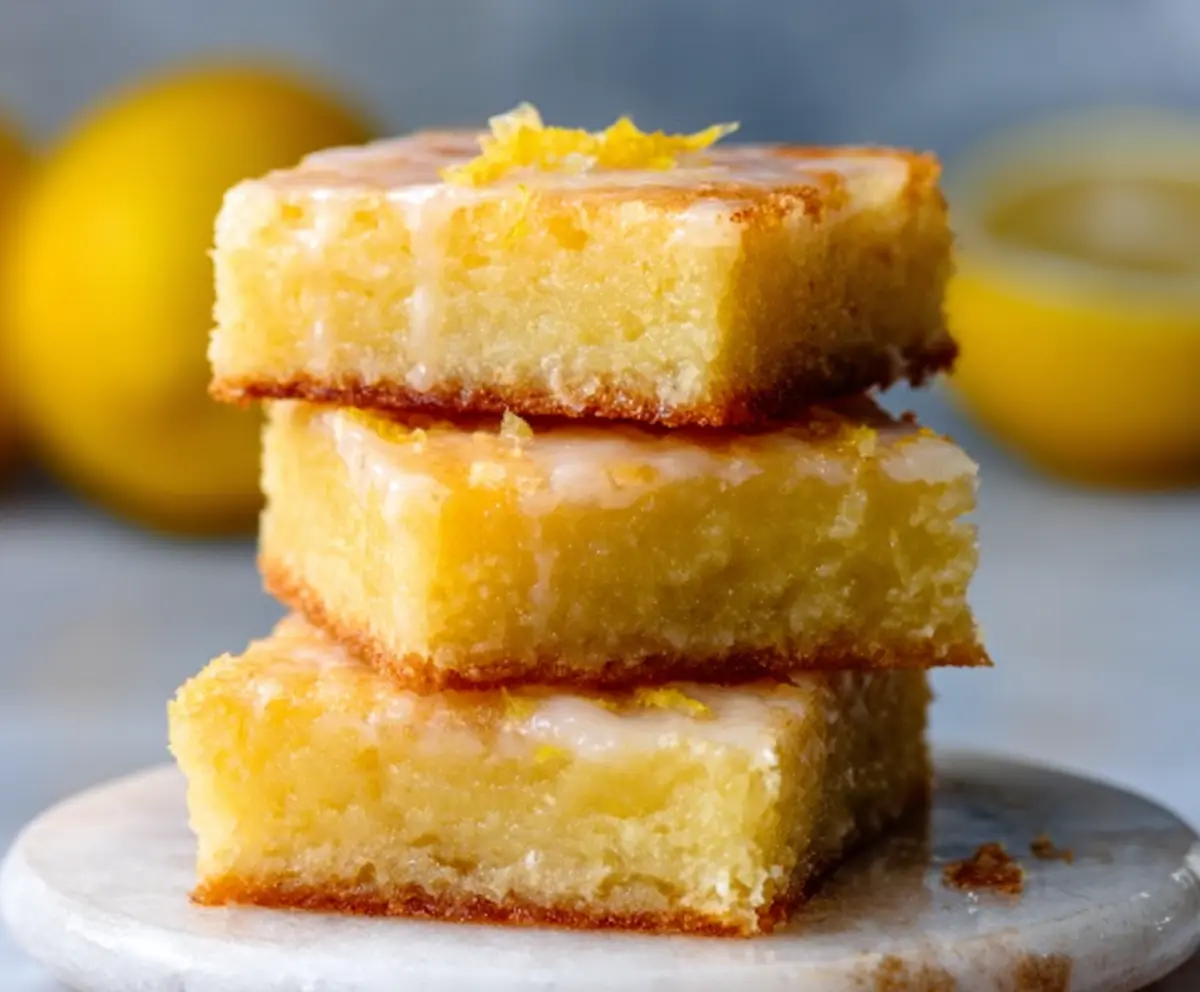 Delicious lemon brownies with a bright yellow glaze on a white plate, perfect for summer desserts