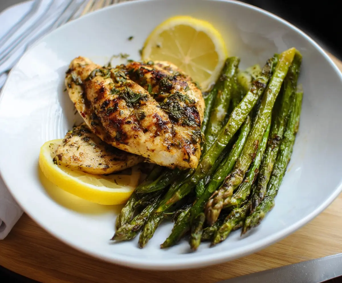 Juicy Lemon Herb Chicken served with fresh asparagus spears on a white plate.