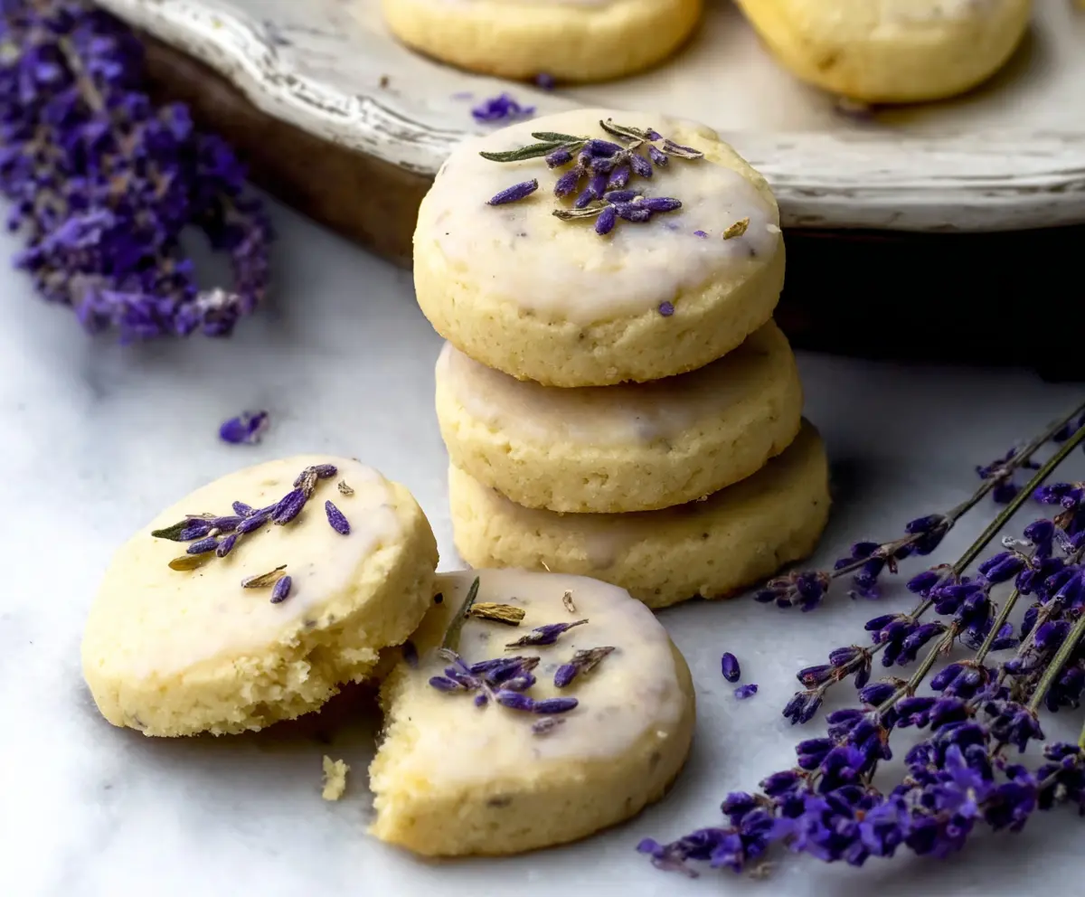 Delicious lemon and lavender shortbread cookies on a plate, perfect for tea time.
