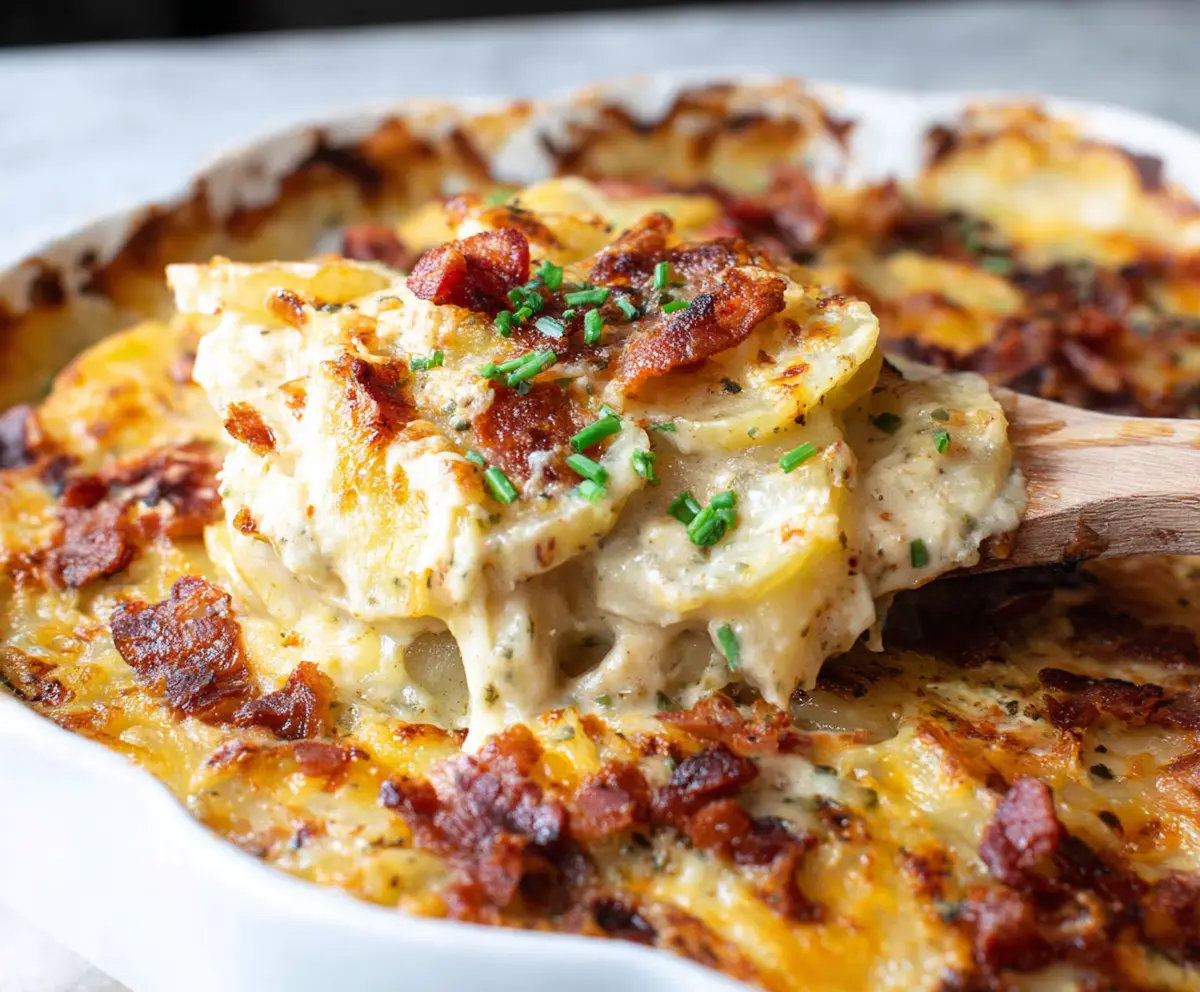 Creamy loaded scalloped potatoes topped with cheese and herbs on a rustic plate.