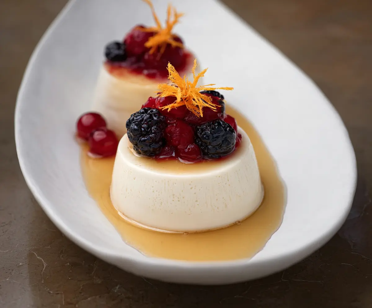 Creamy Orange Blossom Honey Panna Cotta topped with vibrant Berry Compote for a sweet dessert
