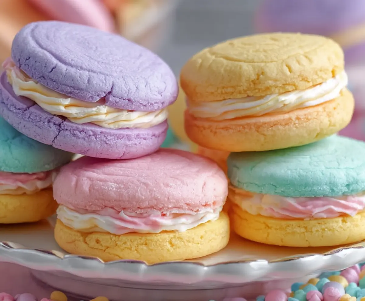 Decorative pastel sugar cookie sandwiches with creamy filling on a white plate, perfect for festive occasions.